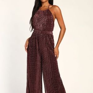 Lulu’s Walk on Sunshine Shiny Plum Wide-Leg Halter Jumpsuit